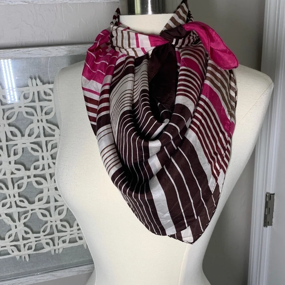 Milanowek Polish silk square scarf brown, pink, and white striped